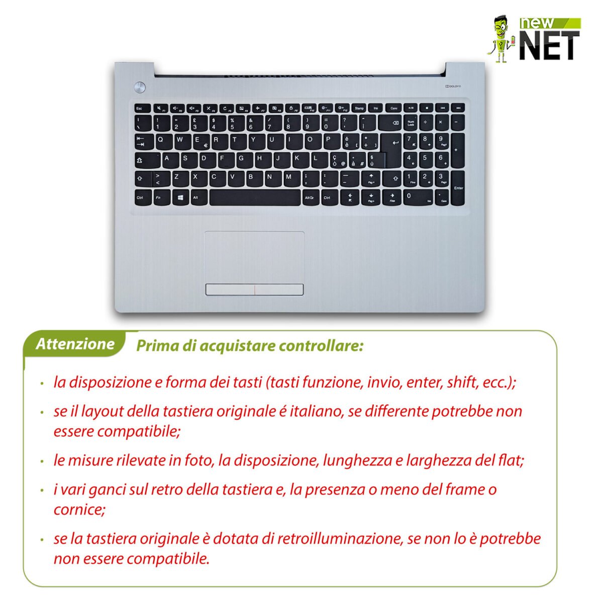 Top Case 5CB0M29131 per Lenovo IdeaPad 310-15 con Tastiera italiana e TouchPad, Colore: Silver (Argento) - immagine 4