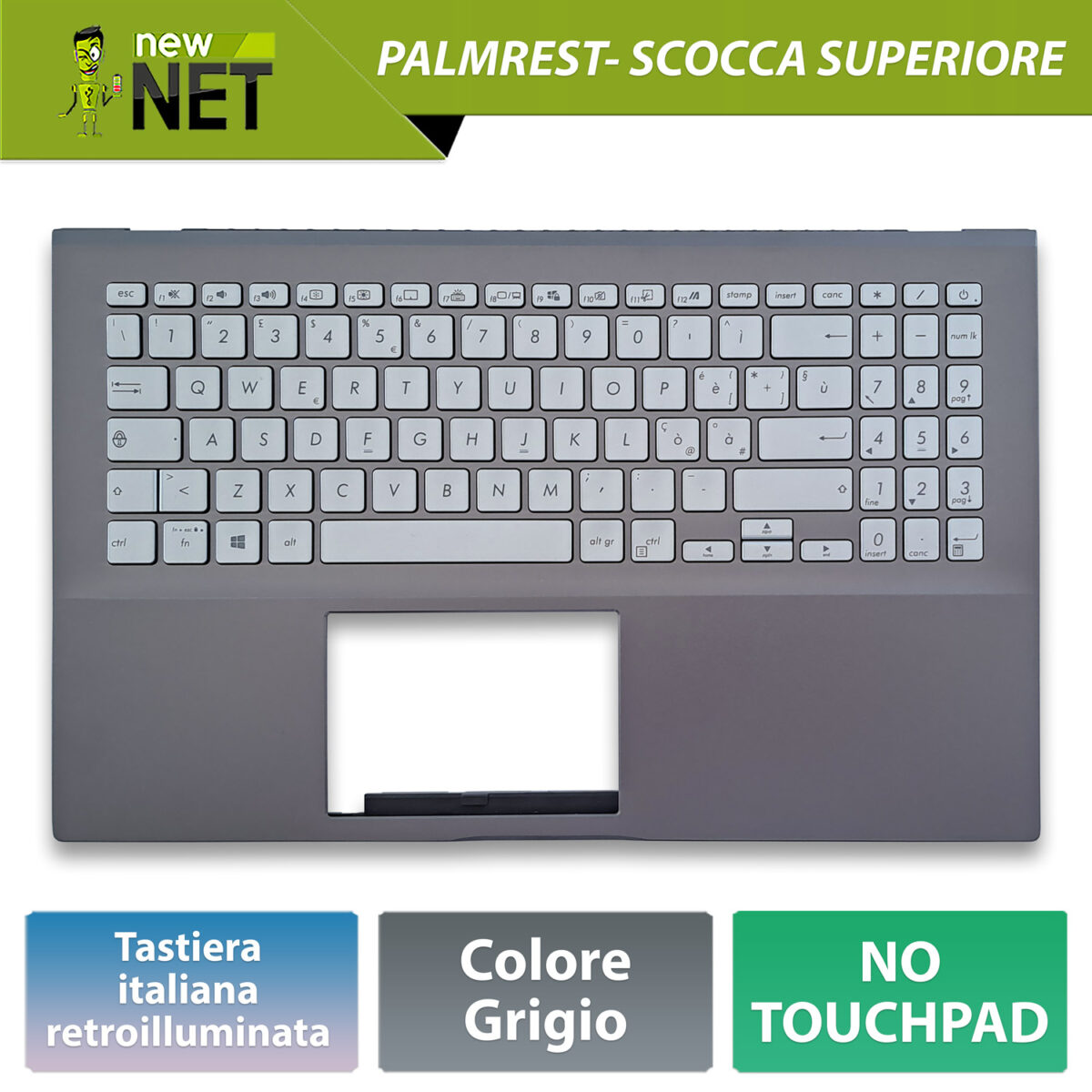 Top Case 90NB0LL2-R31IT0 per ASUS VivoBook S15 X531F con Tastiera italiana, Colore: Grigio