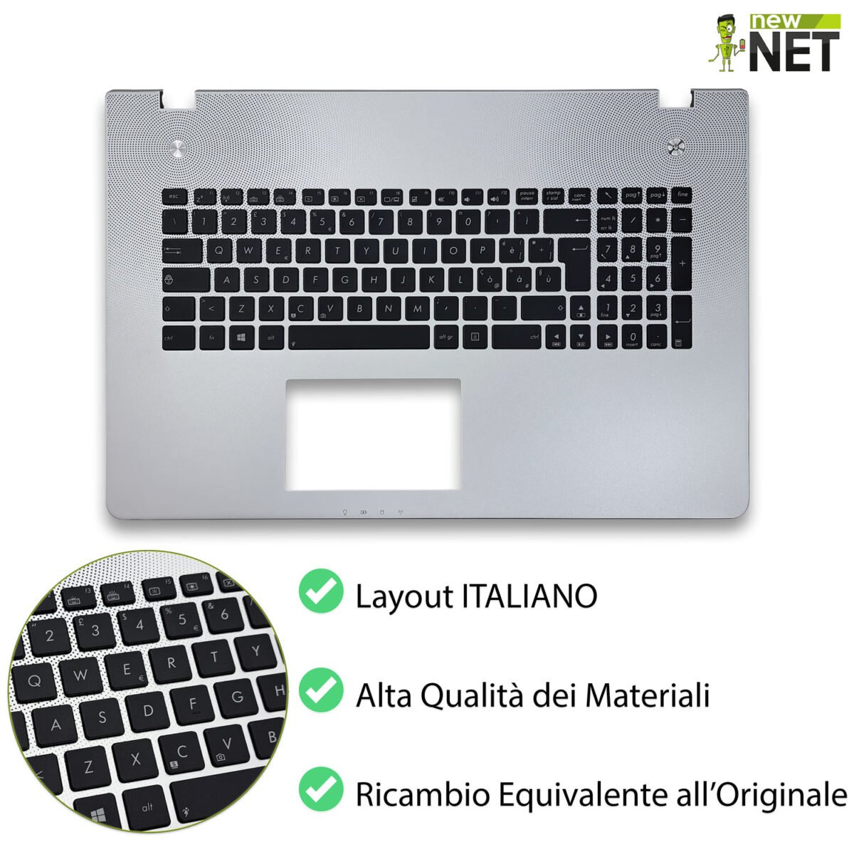 Top Case 90R-NAL1K3F80Y per ASUS N76 con Tastiera italiana retroilluminata, Colore: Argento - immagine 4