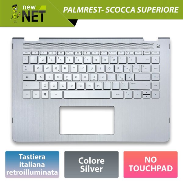Top Case 924115-061 per HP Pavilion x360 14-ba con Tastiera italiana retroilluminata, Colore: Argento