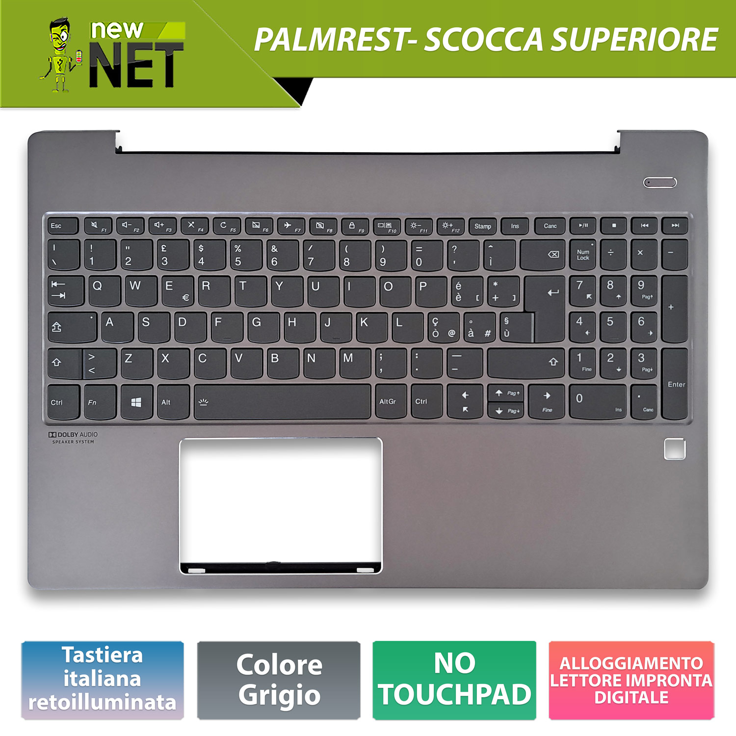 Top Case 5CB0U43625 per Lenovo IdeaPad S540-15IWL GTX con Tastiera retroilluminata italiana, Colore: Grigio