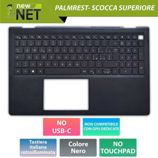 Top Case 088YX6 per Dell Vostro 3520 con tastiera italiana retroilluminata, senza porta Type-C, non compatibile con GPU dedicata, Colore: Nero