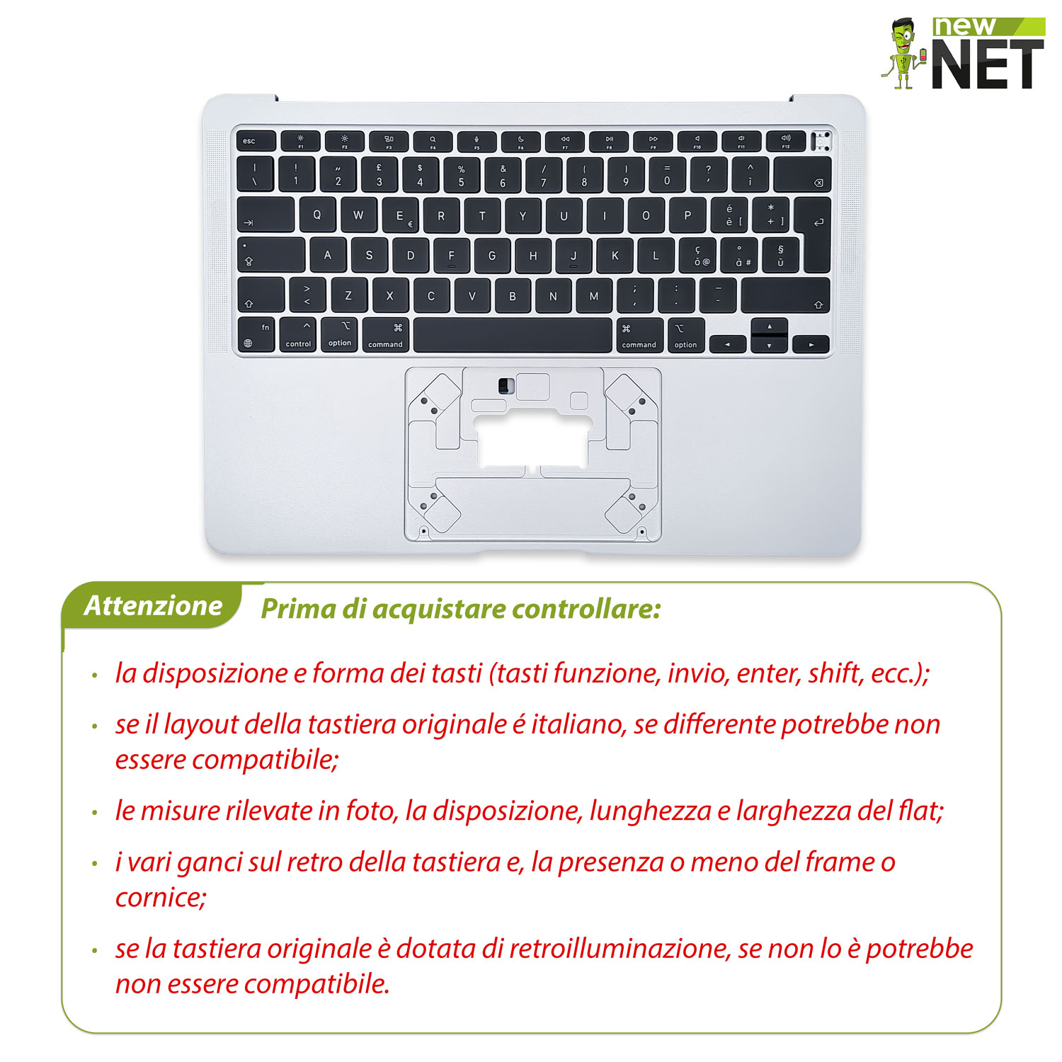 Top Case T661-16833 per MacBook Air M1 13" A2337 2020 con tastiera italiana retroilluminata, colore argento - immagine 4