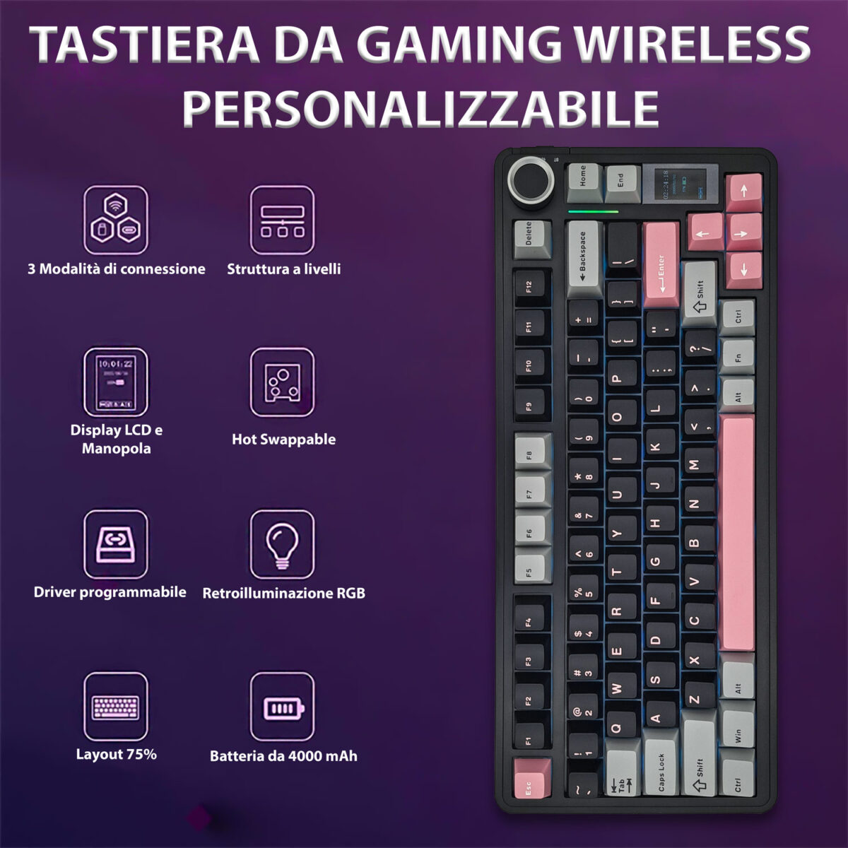 AULA S75Pro, Tastiera meccanica layout al 75% hot swappable, wireless/Bluetooth/USB-C, con switch Star vector, tasti in PBT retroilluminati RGB, display LCD, manopola e batteria da 4000mAh - immagine 5