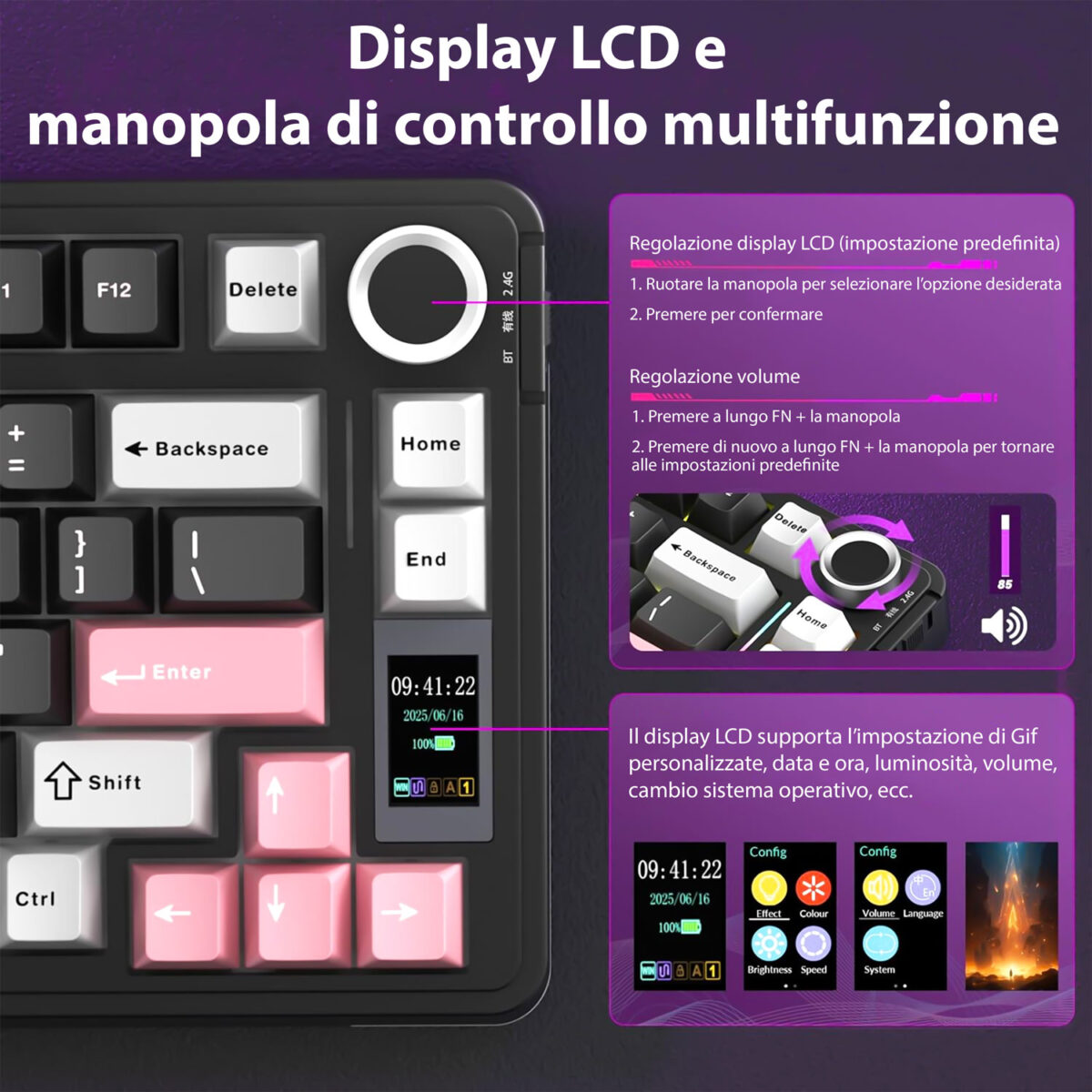 AULA S75Pro, Tastiera meccanica layout al 75% hot swappable, wireless/Bluetooth/USB-C, con switch Star vector, tasti in PBT retroilluminati RGB, display LCD, manopola e batteria da 4000mAh - immagine 2