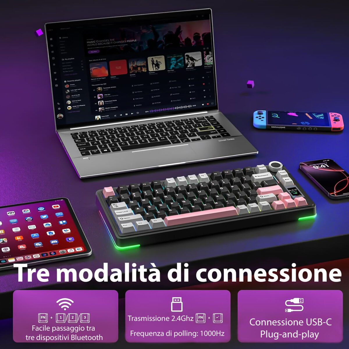 AULA S75Pro, Tastiera meccanica layout al 75% hot swappable, wireless/Bluetooth/USB-C, con switch Star vector, tasti in PBT retroilluminati RGB, display LCD, manopola e batteria da 4000mAh - immagine 3