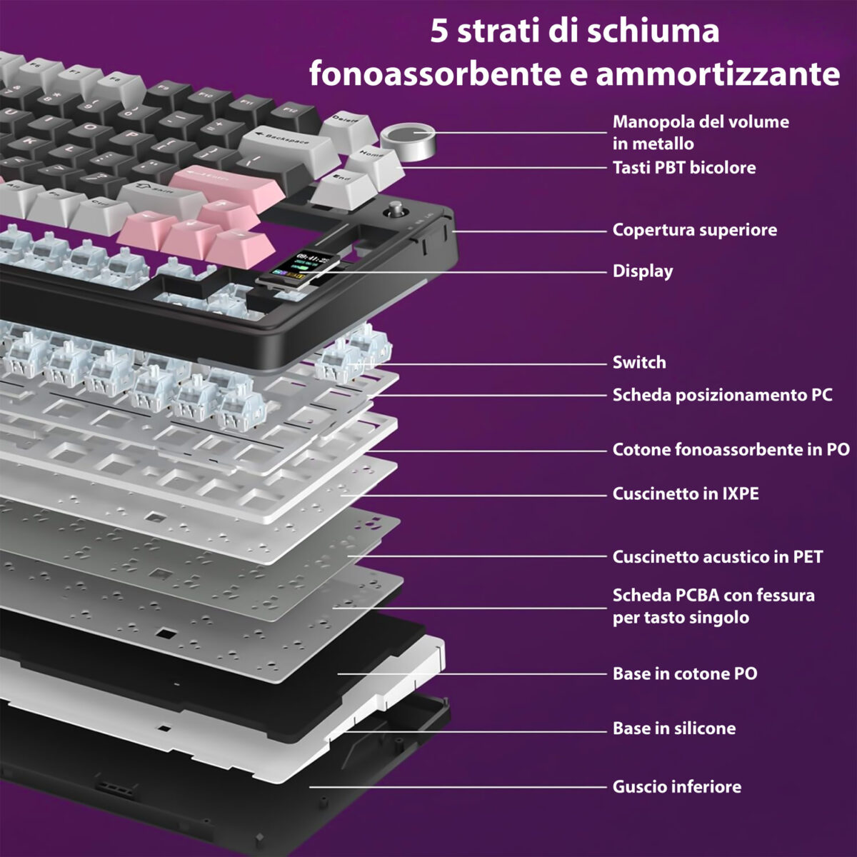 AULA S75Pro, Tastiera meccanica layout al 75% hot swappable, wireless/Bluetooth/USB-C, con switch Star vector, tasti in PBT retroilluminati RGB, display LCD, manopola e batteria da 4000mAh - immagine 4