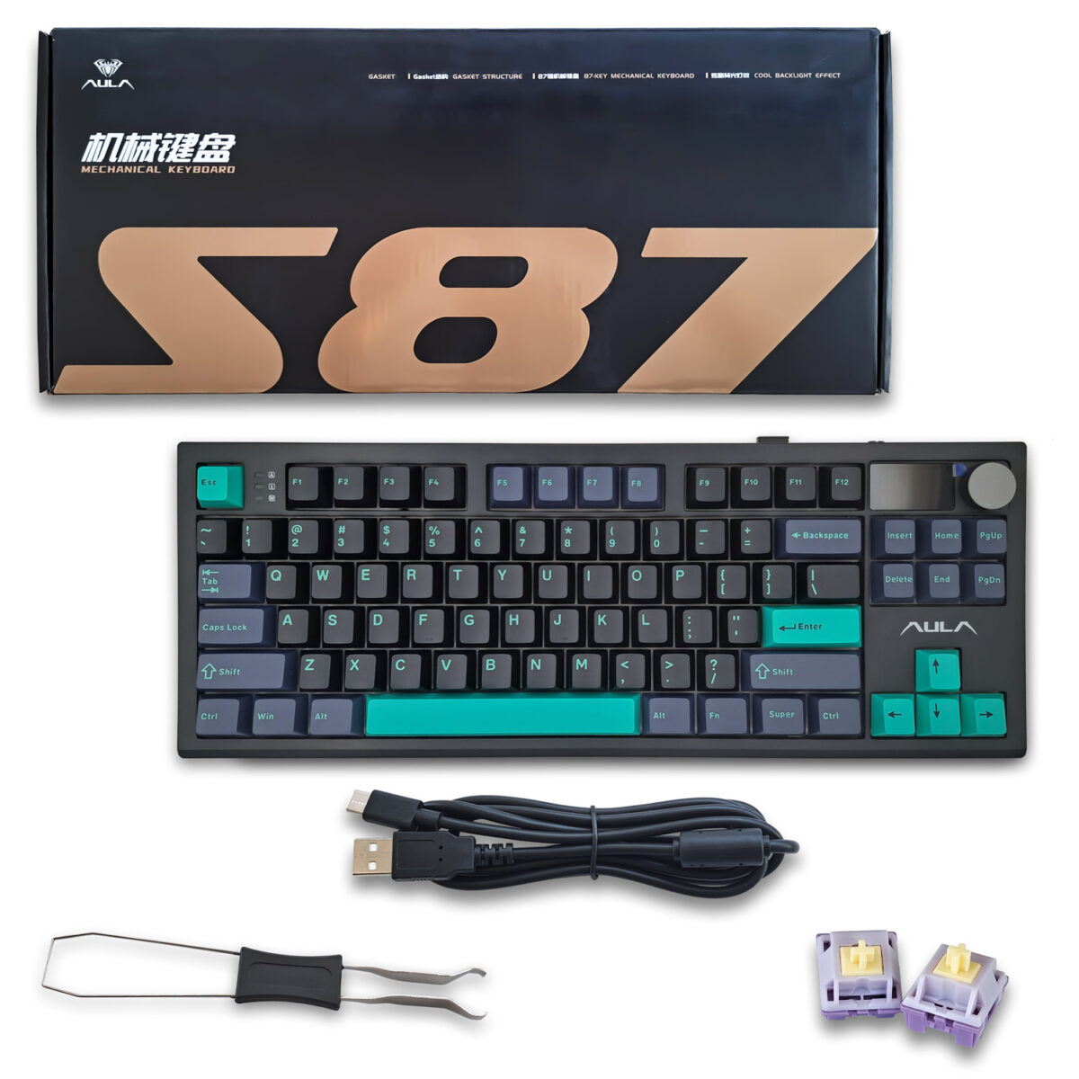AULA S87Pro, Tastiera meccanica layout TKL hot swappable, wireless/Bluetooth/USB-C, con switch Hyacinth, tasti in PBT retroilluminati RGB, display LCD, manopola e batteria da 8000mAh - immagine 6