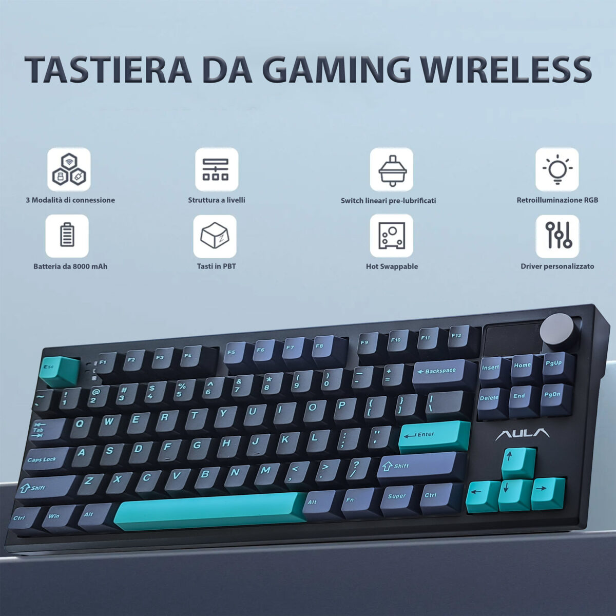 AULA S87Pro, Tastiera meccanica layout TKL hot swappable, wireless/Bluetooth/USB-C, con switch Hyacinth, tasti in PBT retroilluminati RGB, display LCD, manopola e batteria da 8000mAh - immagine 2