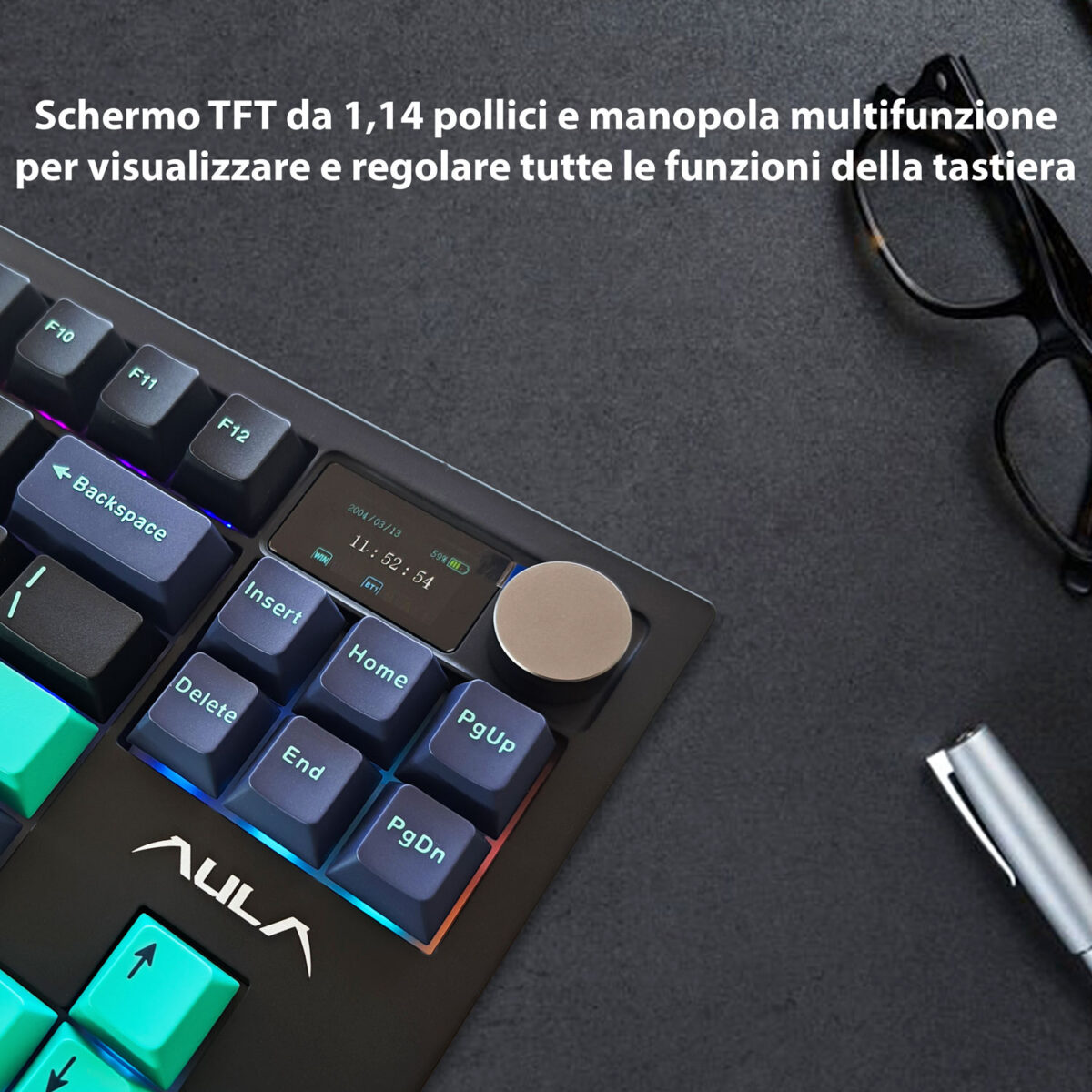 AULA S87Pro, Tastiera meccanica layout TKL hot swappable, wireless/Bluetooth/USB-C, con switch Hyacinth, tasti in PBT retroilluminati RGB, display LCD, manopola e batteria da 8000mAh - immagine 3