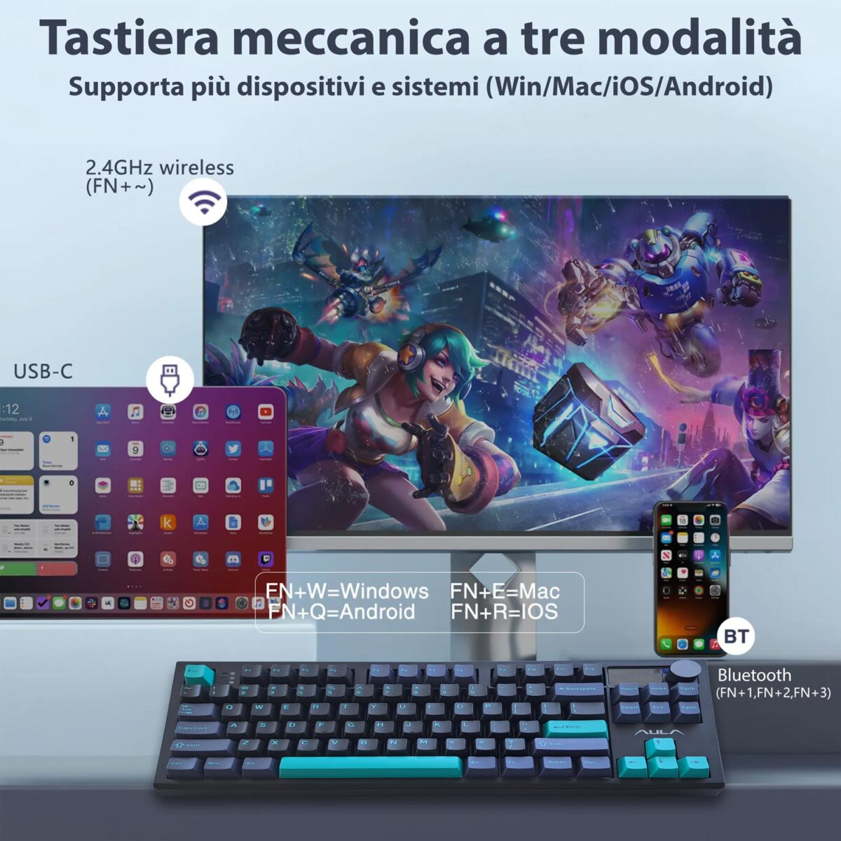 AULA S87Pro, Tastiera meccanica layout TKL hot swappable, wireless/Bluetooth/USB-C, con switch Hyacinth, tasti in PBT retroilluminati RGB, display LCD, manopola e batteria da 8000mAh - immagine 4